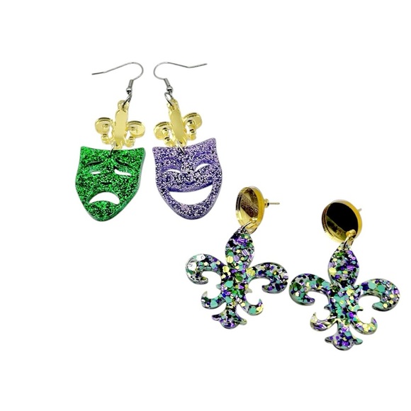 Mardi Gras Colorful Glitter Fleur-de-Lis and Mask Earrings Set of 2 - Picture 1 of 6